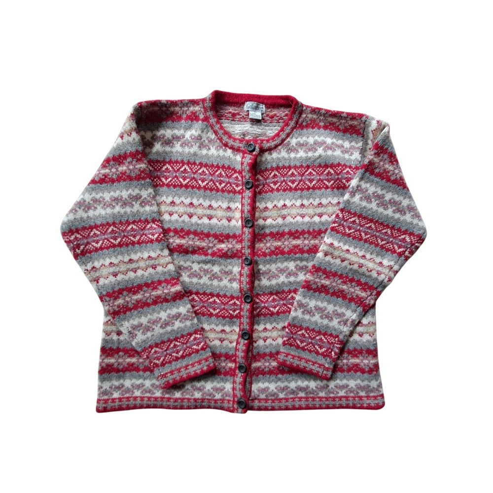 Gallagher Womens Red Fair Isle 100% Wool Button Front Cardigan Sweater Large